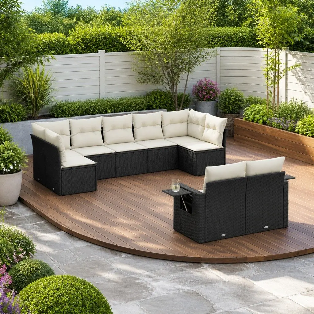 Modular Black Poly Rattan Garden Sofa Set 9 Piece Outdoor Lounge Furniture