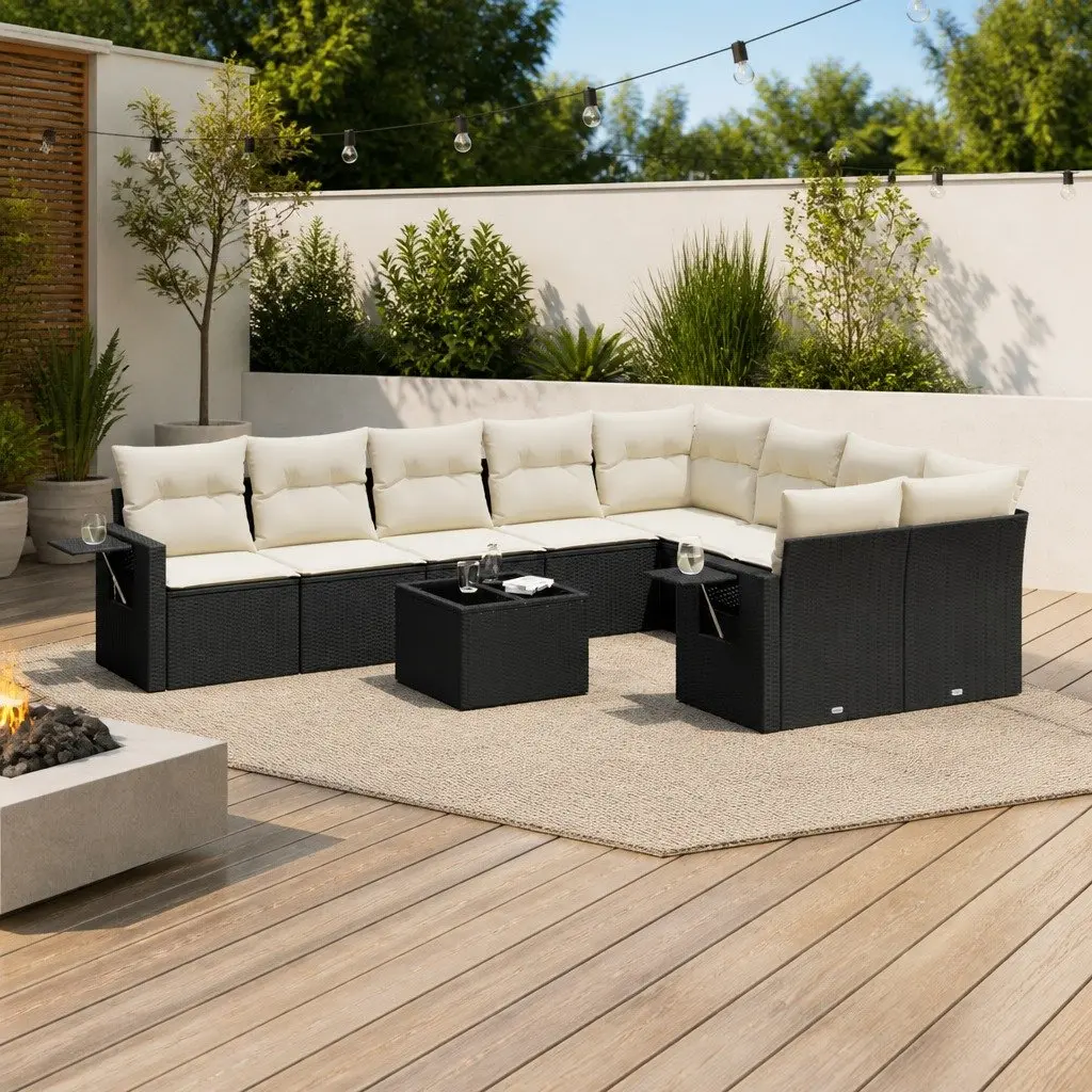 Garden Sofa Set 10 Piece Outdoor Furniture Black Poly Rattan Modular Patio