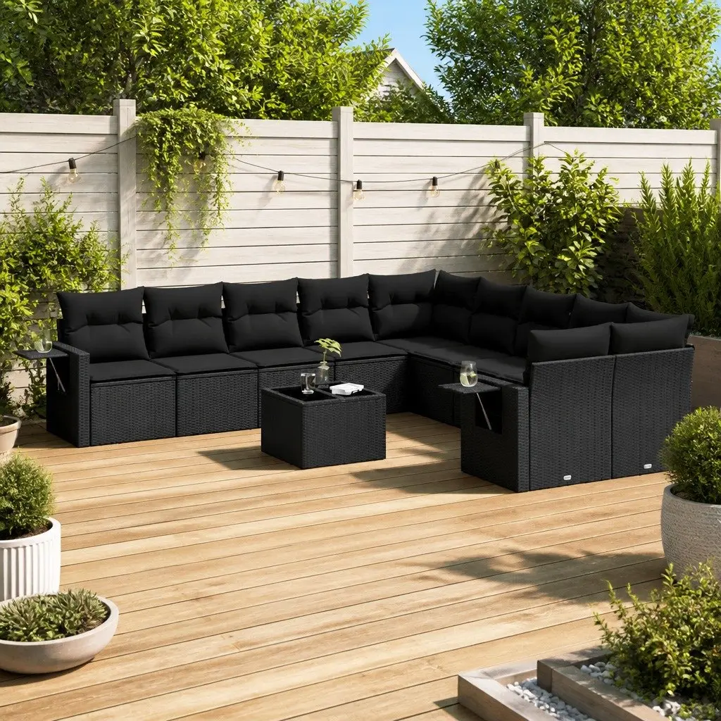 Garden Sofa Set 11 Piece Outdoor Patio Furniture Black Poly Rattan with Cushions