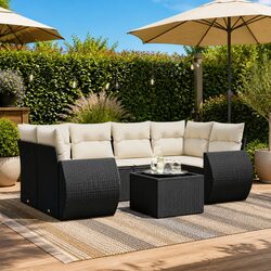 7 Piece Outdoor Garden Sofa Set with Storage Cushions Black Poly Rattan Patio