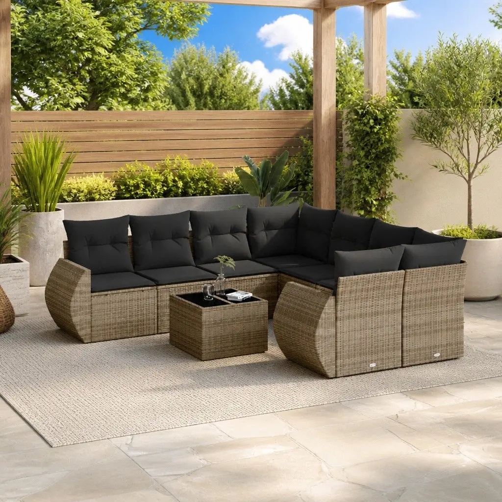 Outdoor Patio Furniture Set Modular Grey Poly Rattan 9 Piece with Storage