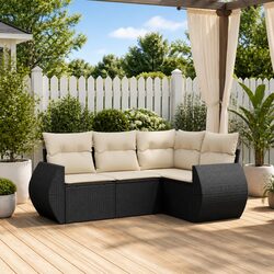 4 Piece Outdoor Garden Sofa Set Black Poly Rattan Patio Furniture with Cushions