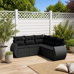 5 Piece Black Poly Rattan Garden Sofa Set with Storage