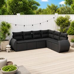 6 Piece Outdoor Garden Sofa Set with Storage Cushions Black Poly Rattan Patio