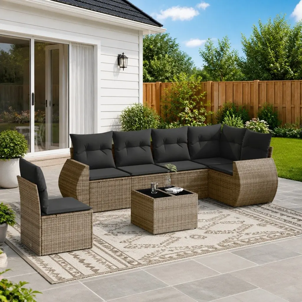 7 Piece Modular Garden Sofa Set Grey Poly Rattan Weather Resistant Outdoor Furniture with Tempered Glass Table