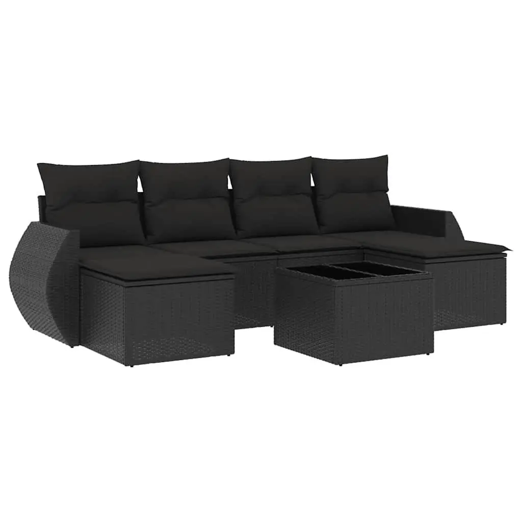 7 Piece Outdoor Garden Sofa Set Black Poly Rattan Patio Furniture with Storage Compartments
