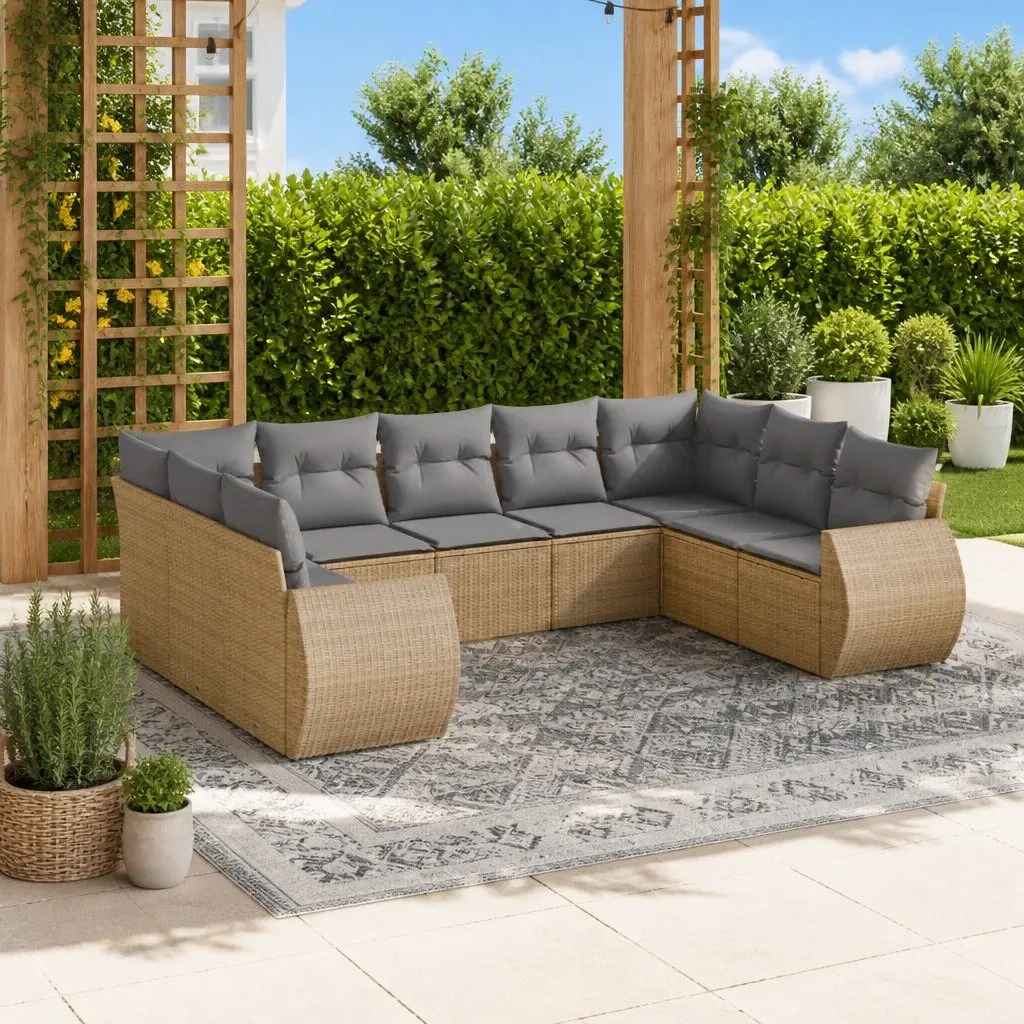 Garden Sofa Set 9 Piece Outdoor Furniture Beige Poly Rattan Patio Lounge Modular