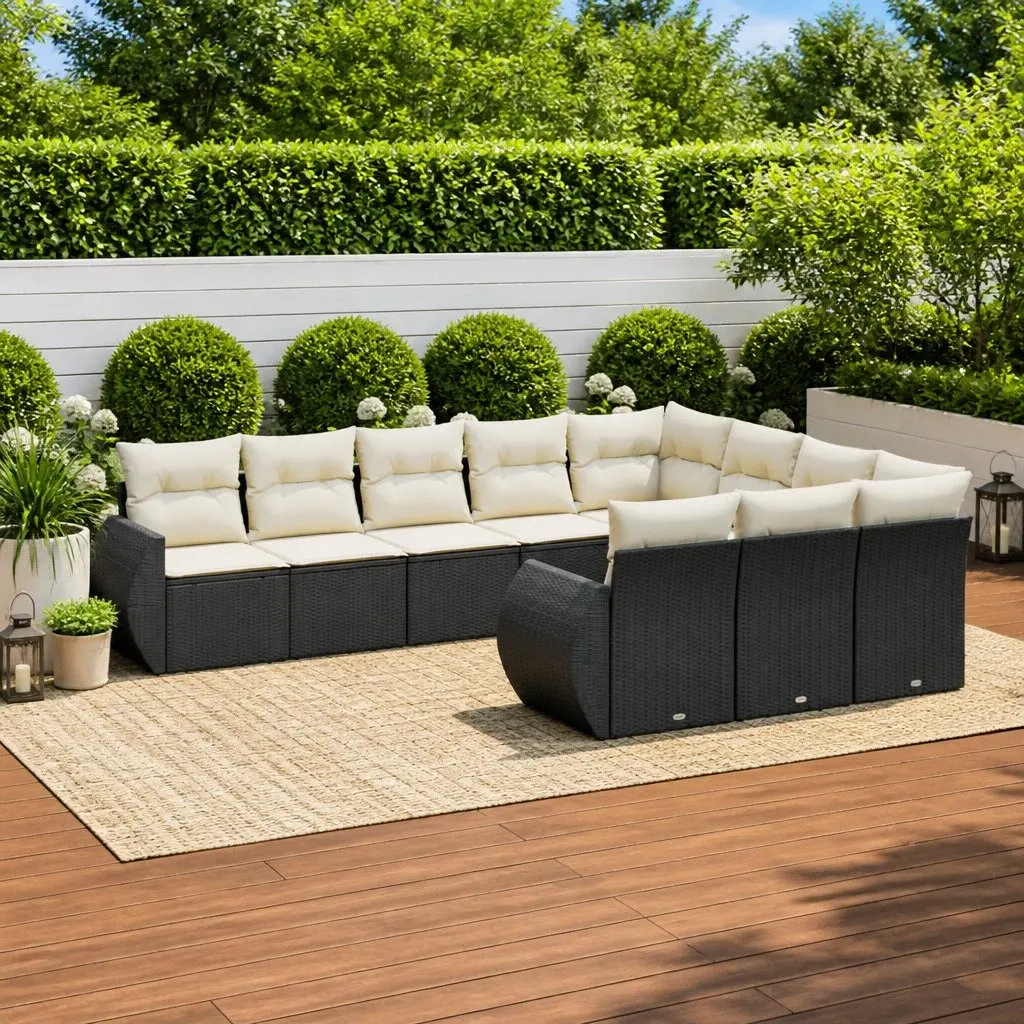 10 Piece Garden Sofa Set Storage Cushions Black Poly Rattan Outdoor
