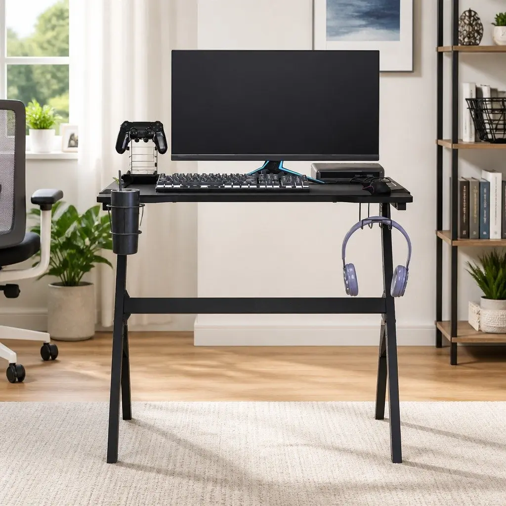 Gaming Desk LED RGB Black Y Shape Computer Workstation Ergonomic Design