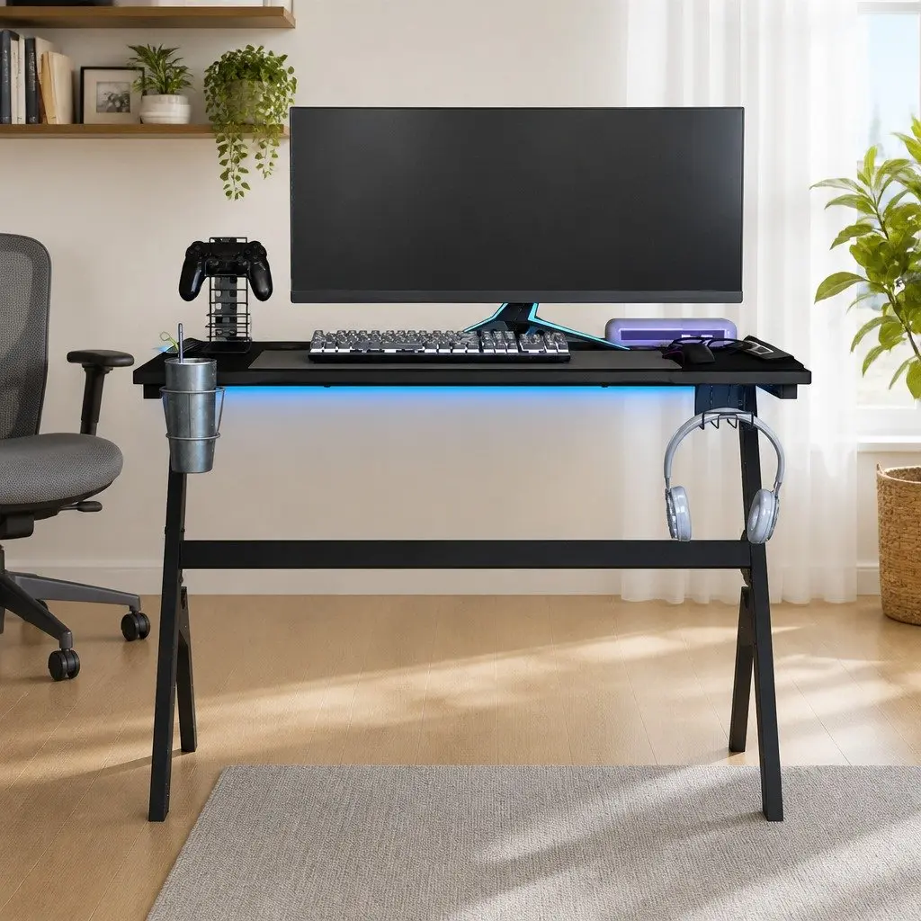 Gaming Desk Black Y Shape Ergonomic Computer Workstation with LED RGB Lighting and Accessory Racks 110x60x75cm