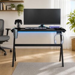 Gaming Desk LED RGB Black Y Shape Computer Workstation with Accessories Racks