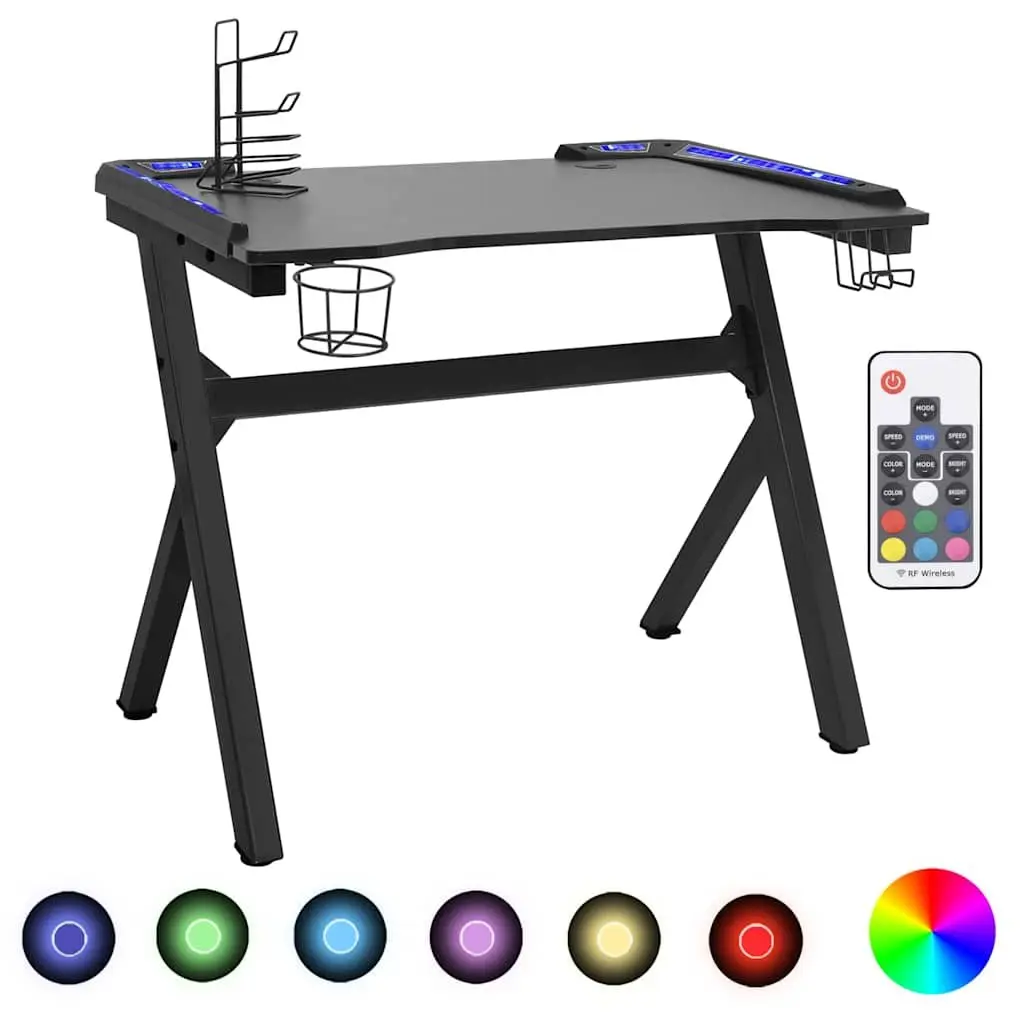 Gaming Desk Black Y Shape Ergonomic Computer Workstation with LED RGB Lighting and Accessory Racks 110x60x75cm