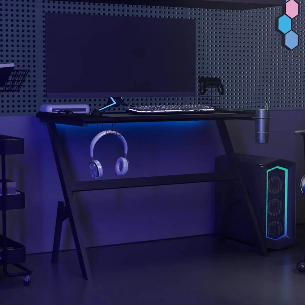 Gaming Desk Black Y Shape Ergonomic Computer Workstation with LED RGB Lighting and Accessory Racks 110x60x75cm