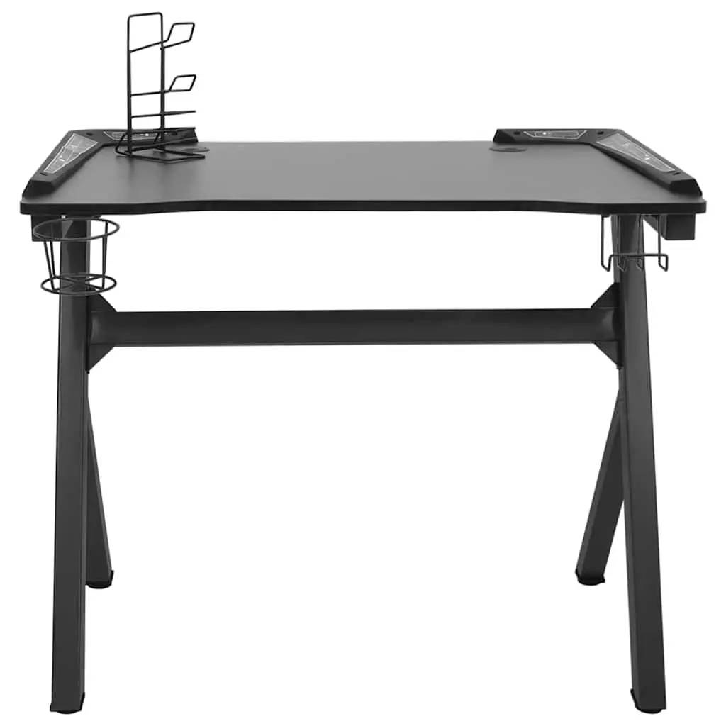 Gaming Desk Black Y Shape Ergonomic Computer Workstation with LED RGB Lighting and Accessory Racks 110x60x75cm