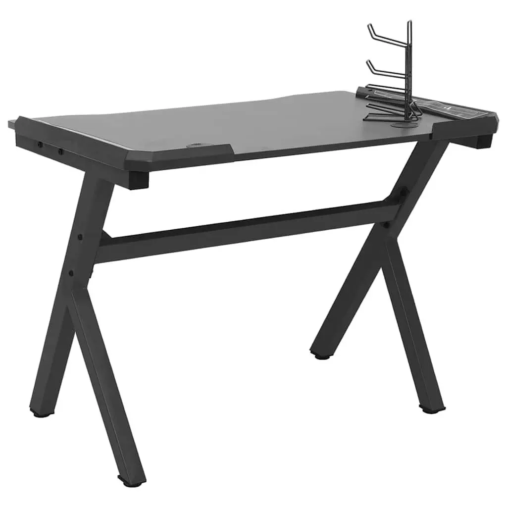 Gaming Desk Black Y Shape Ergonomic Computer Workstation with LED RGB Lighting and Accessory Racks 110x60x75cm