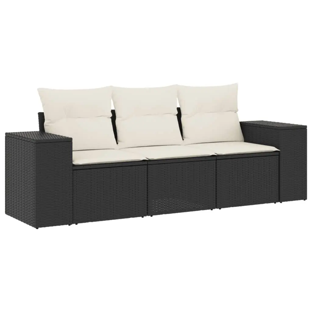 Garden Sofa Set 3 Piece Black Poly Rattan Outdoor Furniture Patio with Cushions