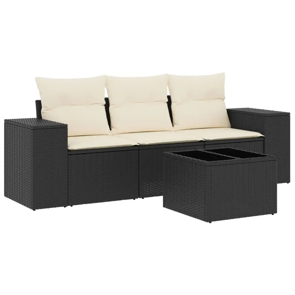 Garden Sofa Set 4 Piece Outdoor Furniture Black Poly Rattan with Cushions