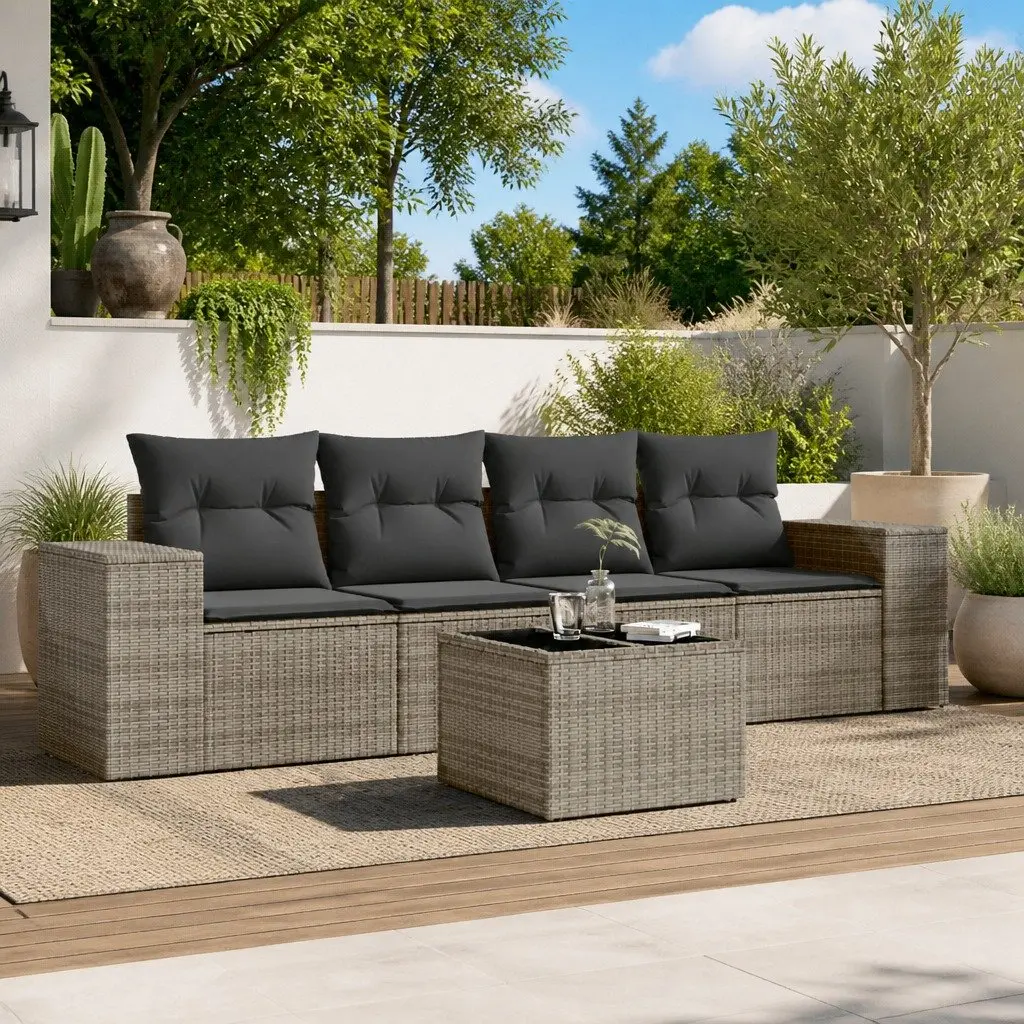 Outdoor Rattan Sofa Set 5 Piece Grey with Storage Cushions and Tempered Glass Top