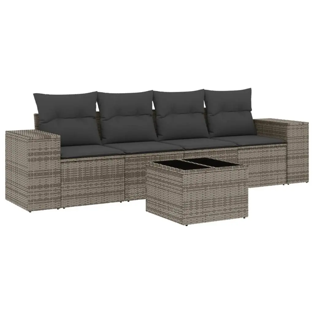Outdoor Rattan Sofa Set 5 Piece Grey with Storage Cushions and Tempered Glass Top