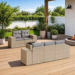 Garden Sofa Set 6 Piece Outdoor Furniture Beige Poly Rattan Patio Lounge with
