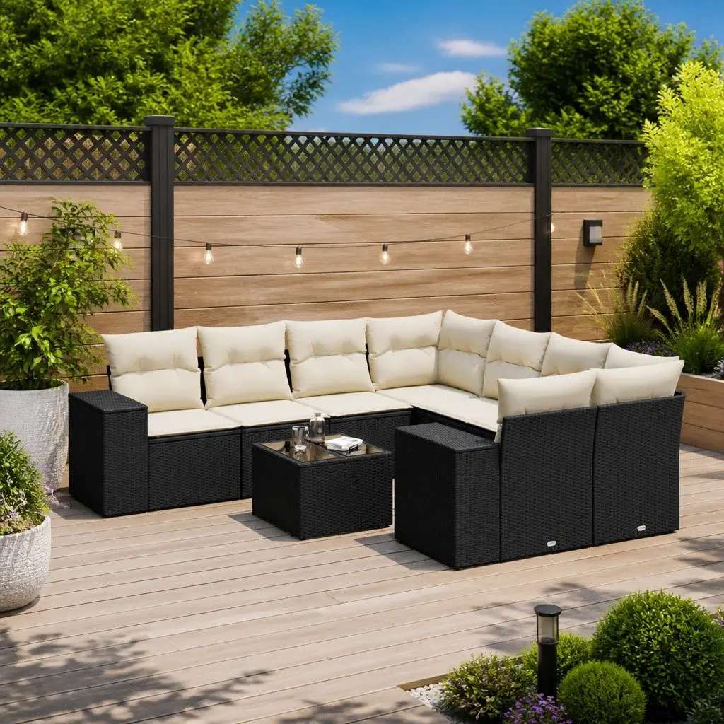 Garden Sofa Set 9 Piece Outdoor Furniture PE Rattan with Cushions and Storage Function