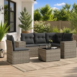 6 Piece Garden Sofa Set with Cushions Grey Poly Rattan Outdoor Furniture Patio