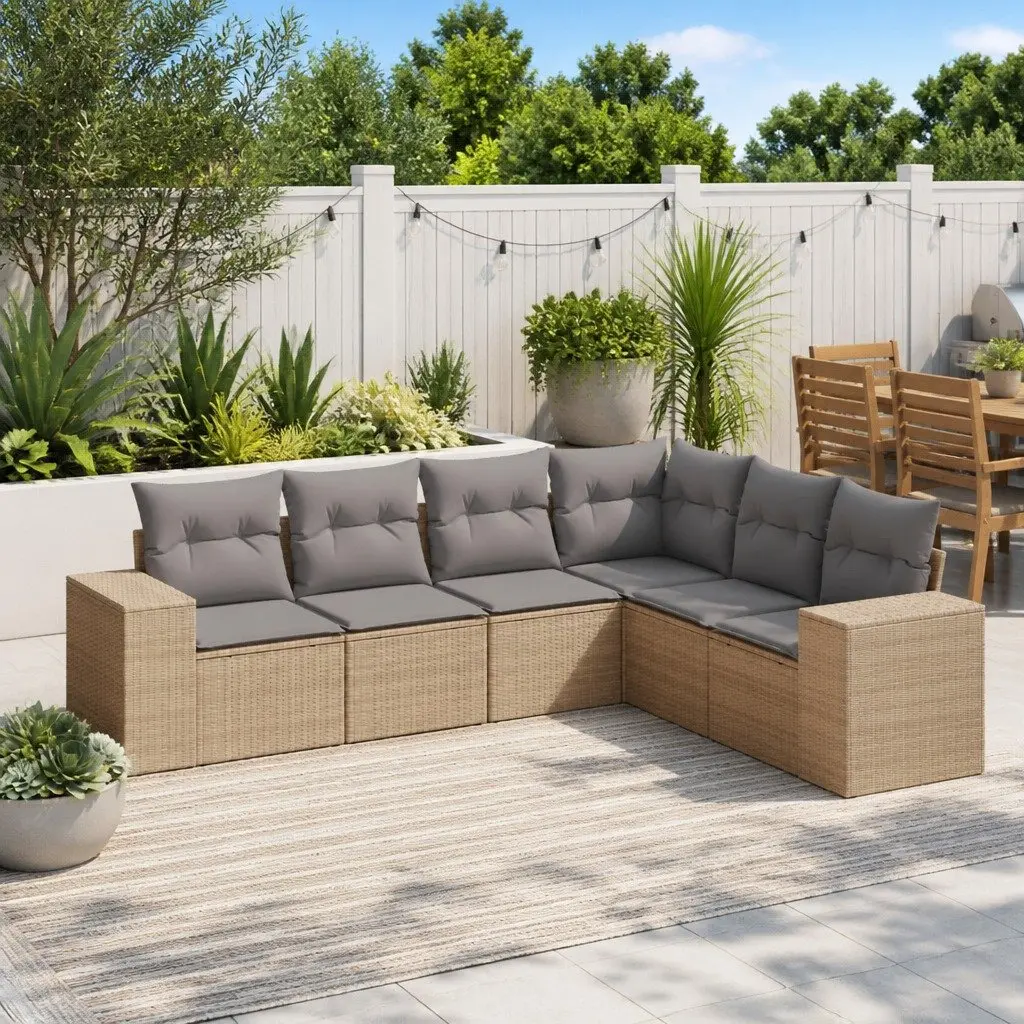 Garden Sofa Set 6 Piece Outdoor Furniture Beige Poly Rattan Modular Patio