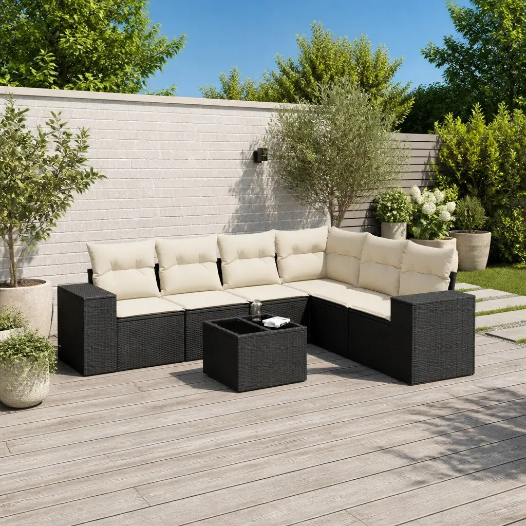Garden Sofa Set 7 Piece Outdoor Furniture Black Poly Rattan Modular Patio