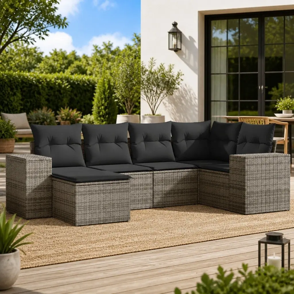 Garden Sofa Set 6 Piece Grey Poly Rattan Outdoor Furniture with Storage Cushions