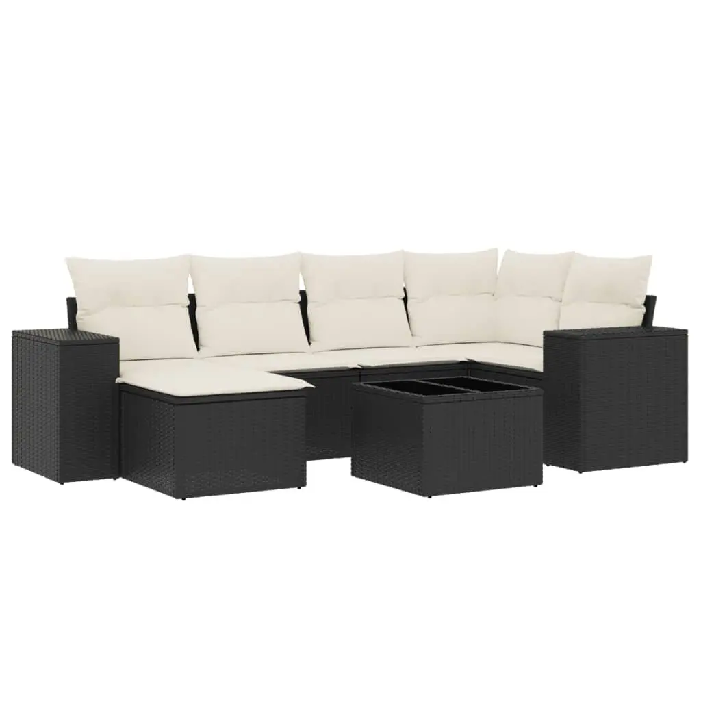 7 Piece Outdoor Garden Sofa Set Black Poly Rattan Patio Furniture with Cushions
