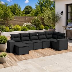 Garden Sofa Set 7 Piece Outdoor Furniture Black Poly Rattan Patio Lounge with
