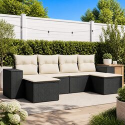 6 Piece Garden Sofa Set Black Poly Rattan Outdoor Patio Furniture with Cushions