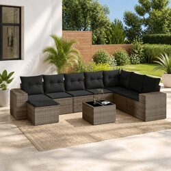 Garden Sofa Set 9 Piece Outdoor Furniture Grey Poly Rattan Modular with Cushions