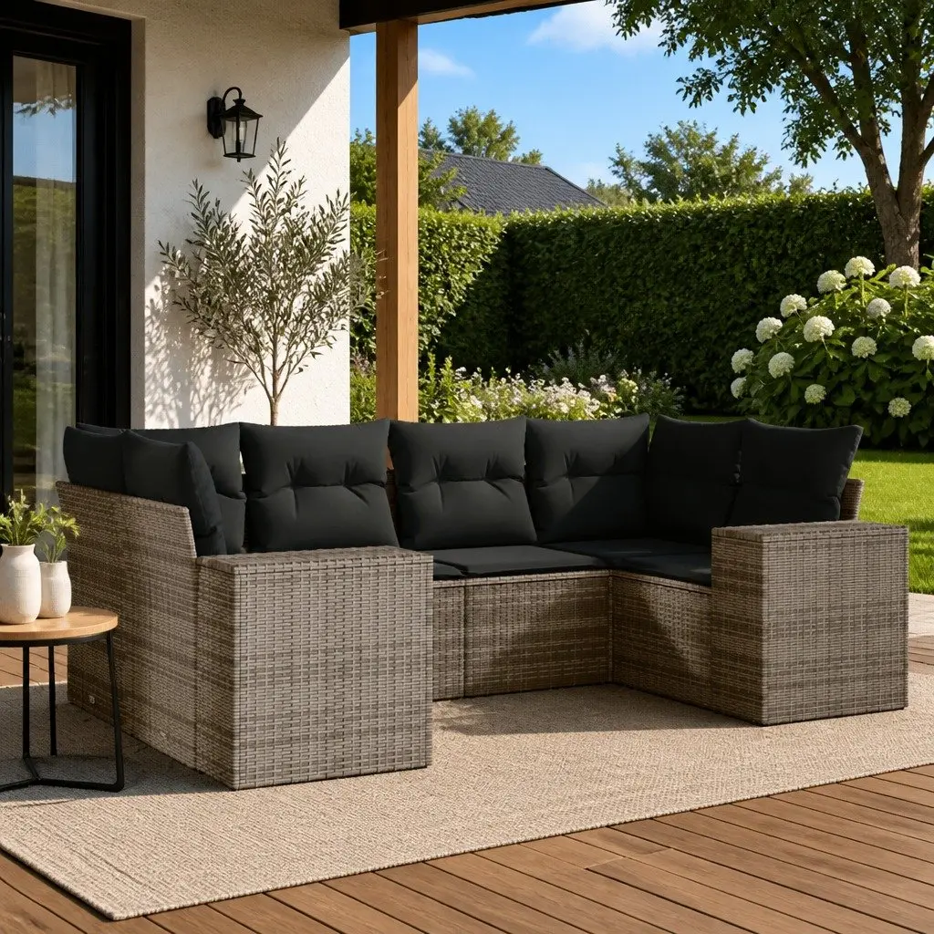 6 Piece Outdoor Sofa Set Grey Weather Resistant Poly Rattan Furniture Lounge with Removable Cushions