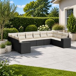 Garden Sofa Set 10 Piece Outdoor Patio Furniture Black Poly Rattan with Cushions