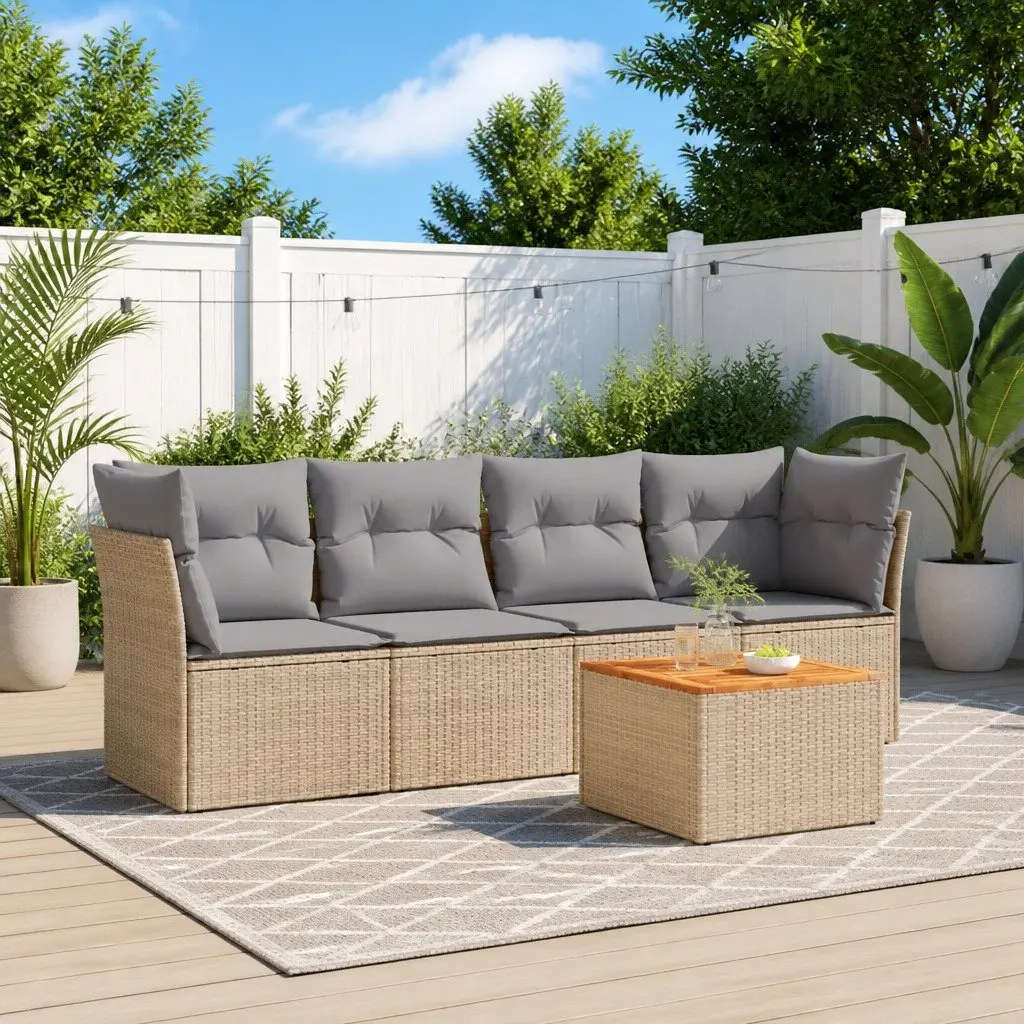 Garden Sofa Set 5 Piece Outdoor Furniture Patio Beige Poly Rattan with Cushions