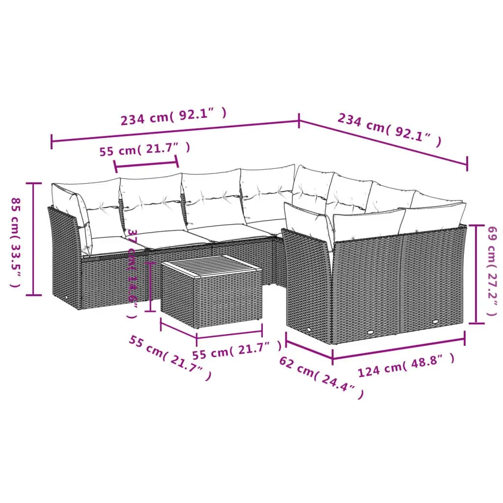 Garden Sofa Set 9 Piece Outdoor Furniture Grey Poly Rattan Patio Seating with