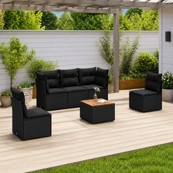 6 Piece Outdoor Garden Sofa Set with Storage Cushions Black Poly Rattan