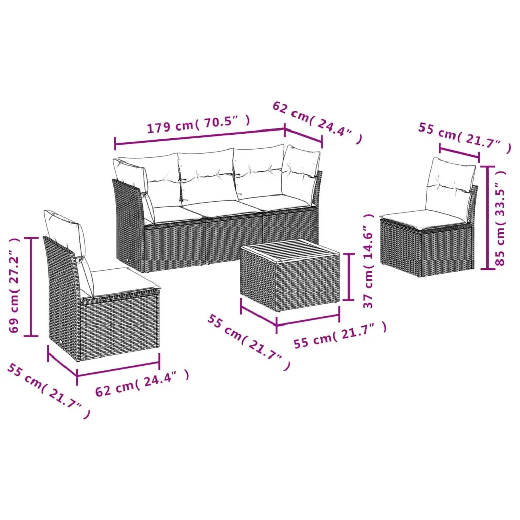 Garden Sofa Set 6 Piece Outdoor Furniture Grey Poly Rattan Modular Patio Seating