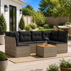 7 Piece Outdoor Garden Sofa Set Grey Poly Rattan Patio Furniture with Cushions