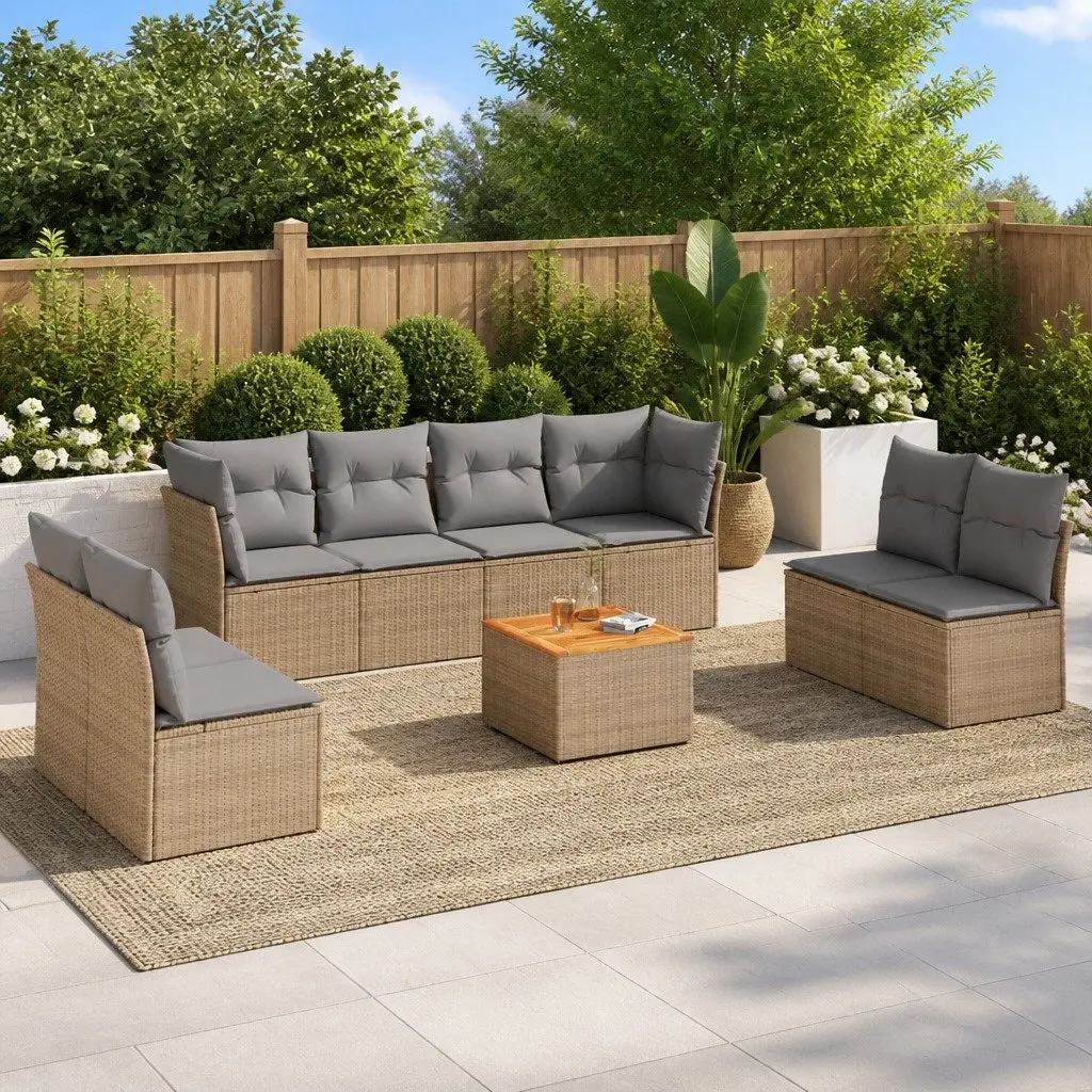 Garden Sofa Set 9 Piece Outdoor Furniture Beige Poly Rattan Patio Lounge with
