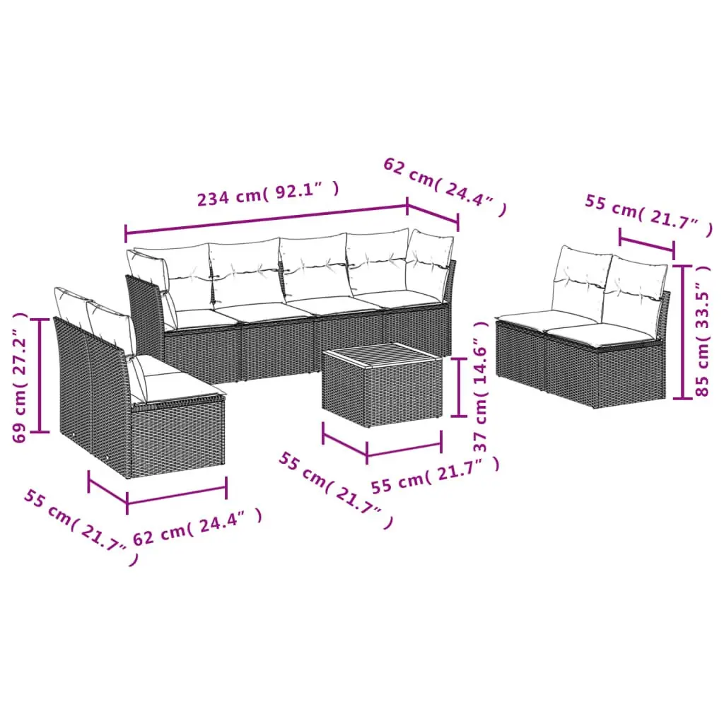 Garden Sofa Set 9 Piece Outdoor Furniture Beige Poly Rattan Patio Lounge with