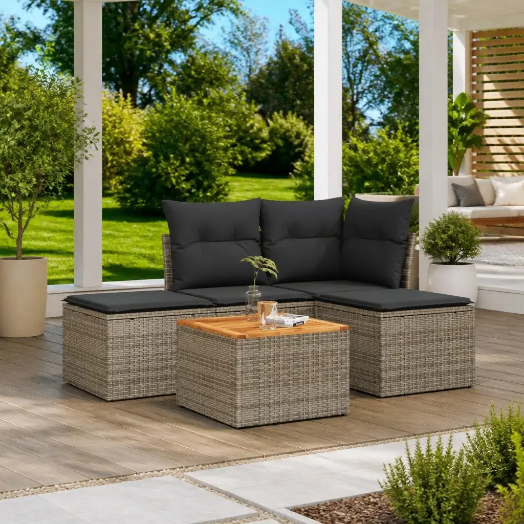 5 Piece Modular Garden Sofa Set Grey PE Rattan Outdoor Furniture with Acacia Wood Tabletop