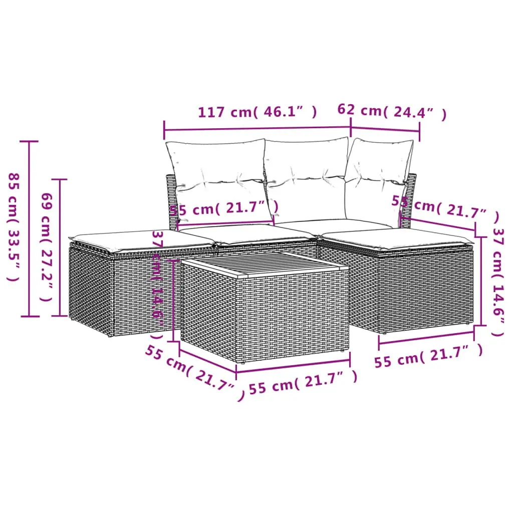 5 Piece Modular Garden Sofa Set Grey PE Rattan Outdoor Furniture with Acacia Wood Tabletop