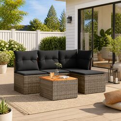 5 Piece Garden Sofa Set with Cushions Grey Poly Rattan Outdoor Furniture Patio