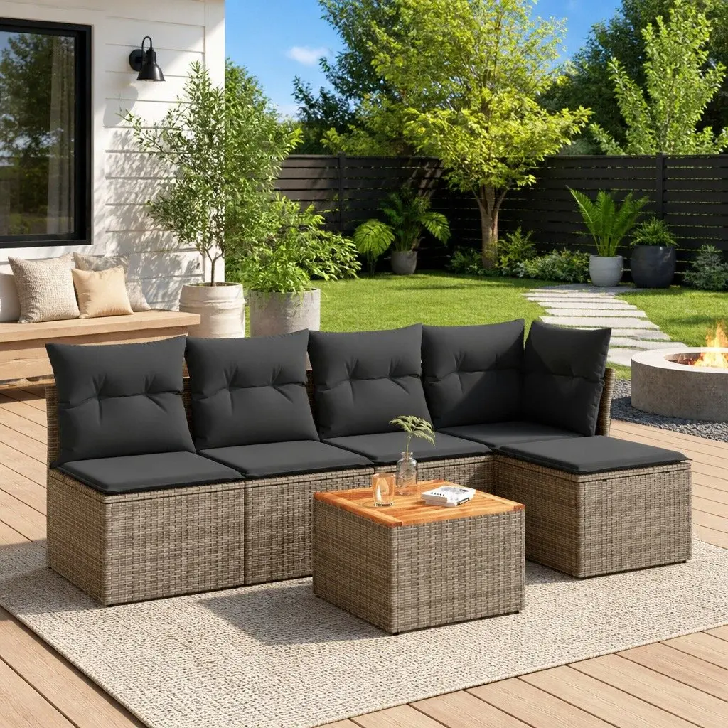 Garden Sofa Set 6 Piece Grey Poly Rattan Outdoor Furniture with Storage Cushions