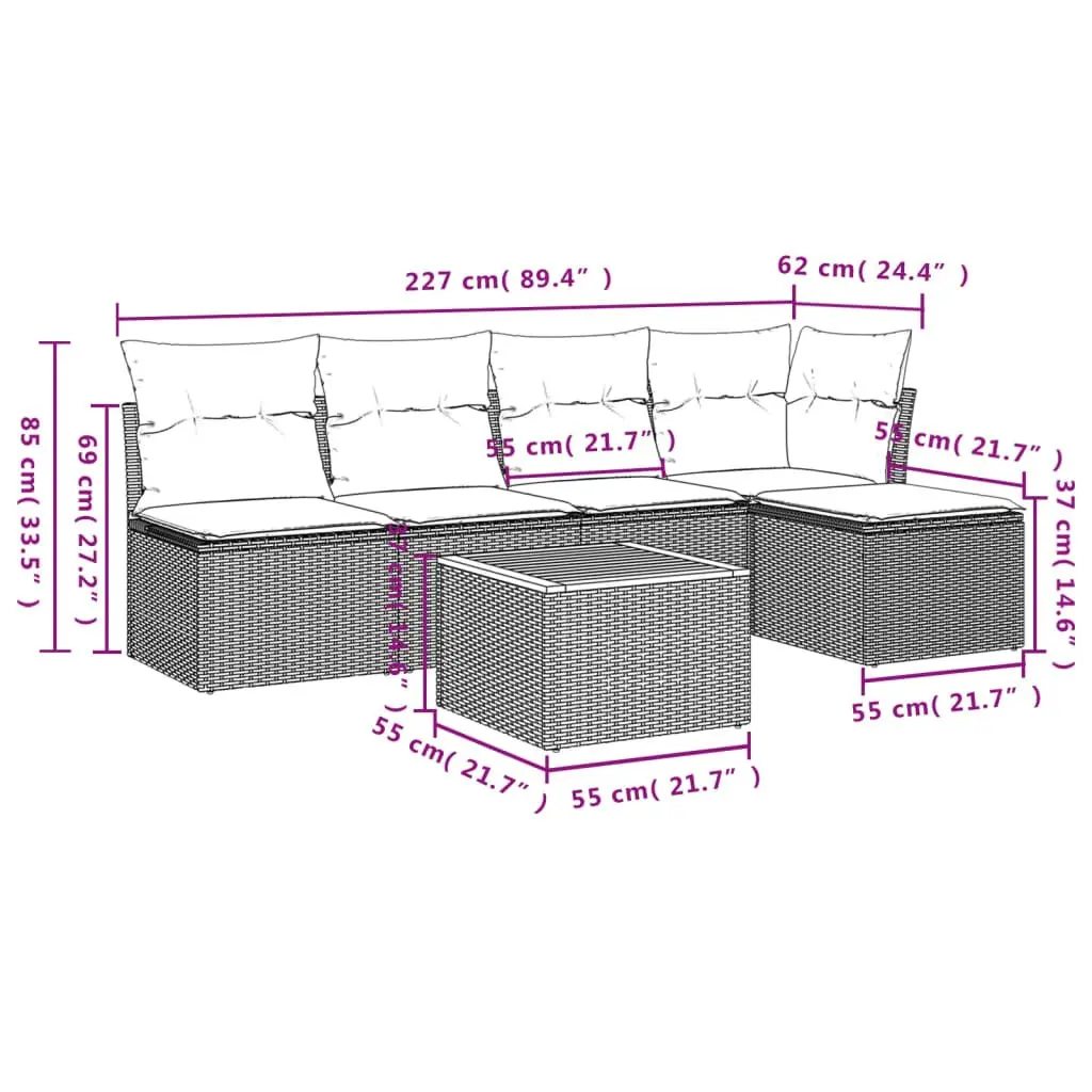Garden Sofa Set 6 Piece Grey Poly Rattan Outdoor Furniture with Storage Cushions