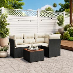 5 Piece Outdoor Garden Sofa Set with Storage Cushions Black Poly Rattan Patio