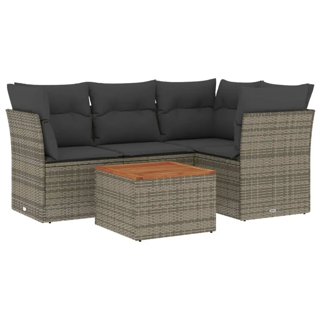 Outdoor Furniture Set 5 Piece Grey Modular Poly Rattan Garden Sofa with Acacia Wood Table and Removable Cushion Covers