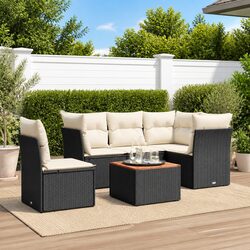 6 Piece Outdoor Garden Sofa Set with Storage Cushions Black Poly Rattan Patio
